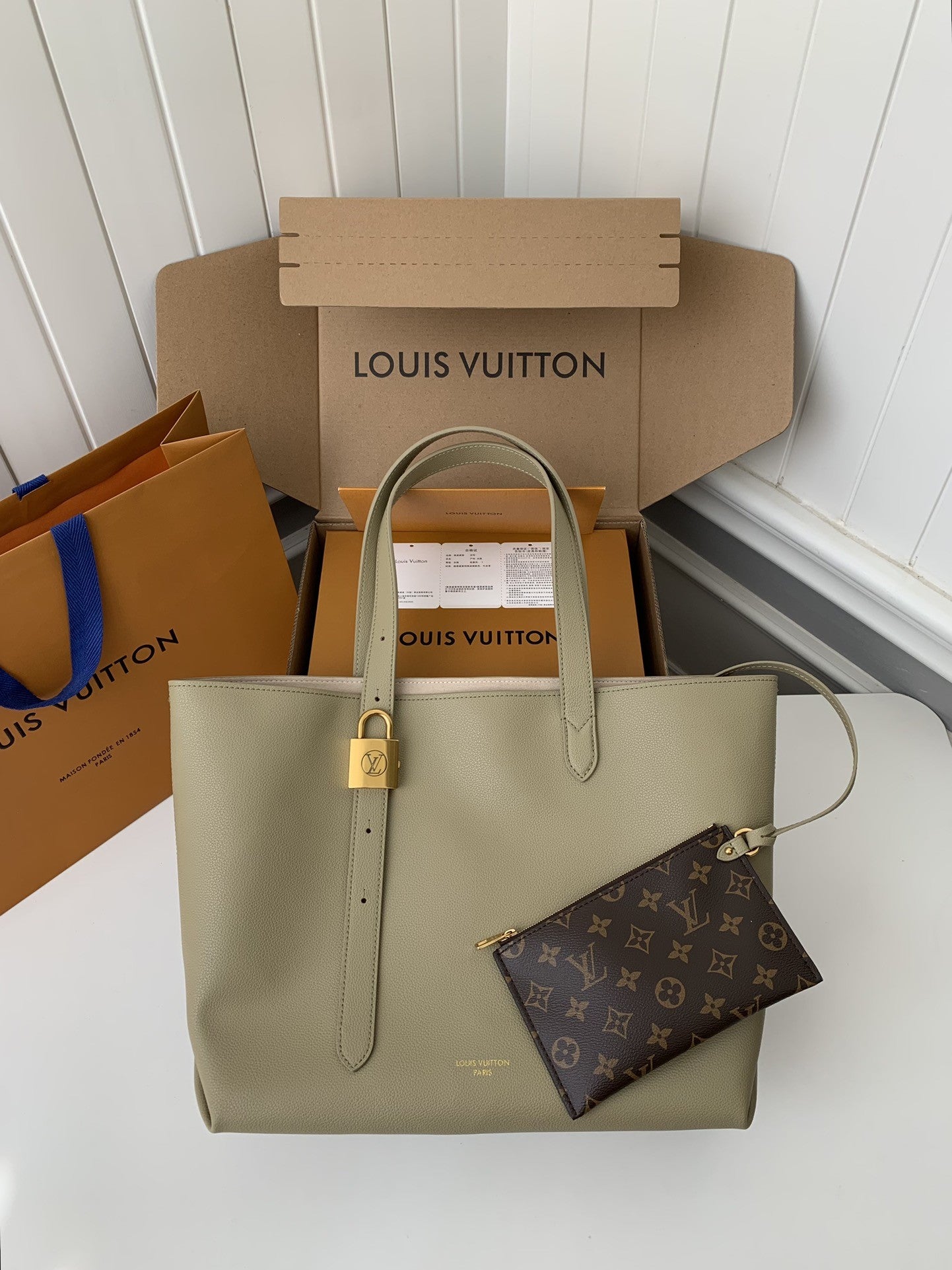 Calfskin Leather Tote Bag with Monogram Pouch