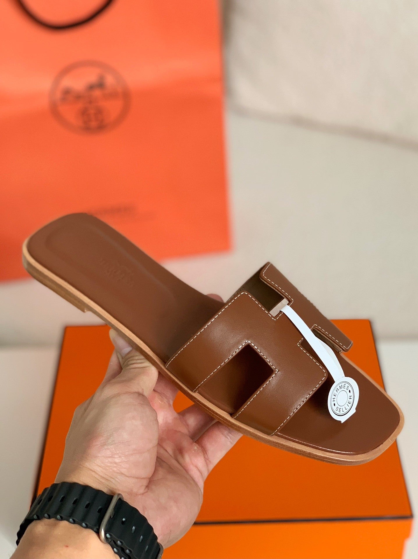 Oran Brown Leather Slide Sandals