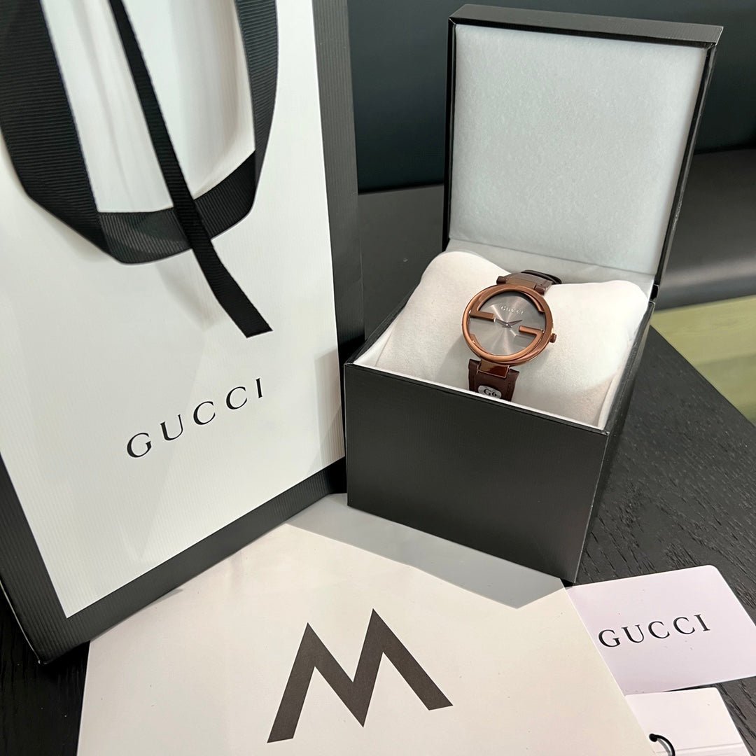 G Cut-Out Logo Rose Gold Women's 37 mm Watch – Brown Leather Strap