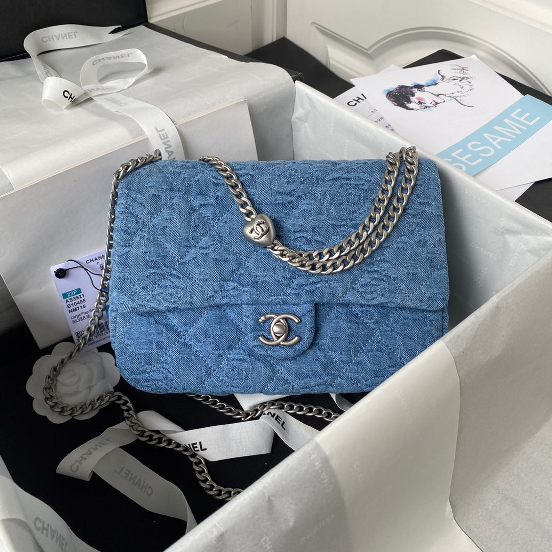 Embroidered Blue Flap Bag