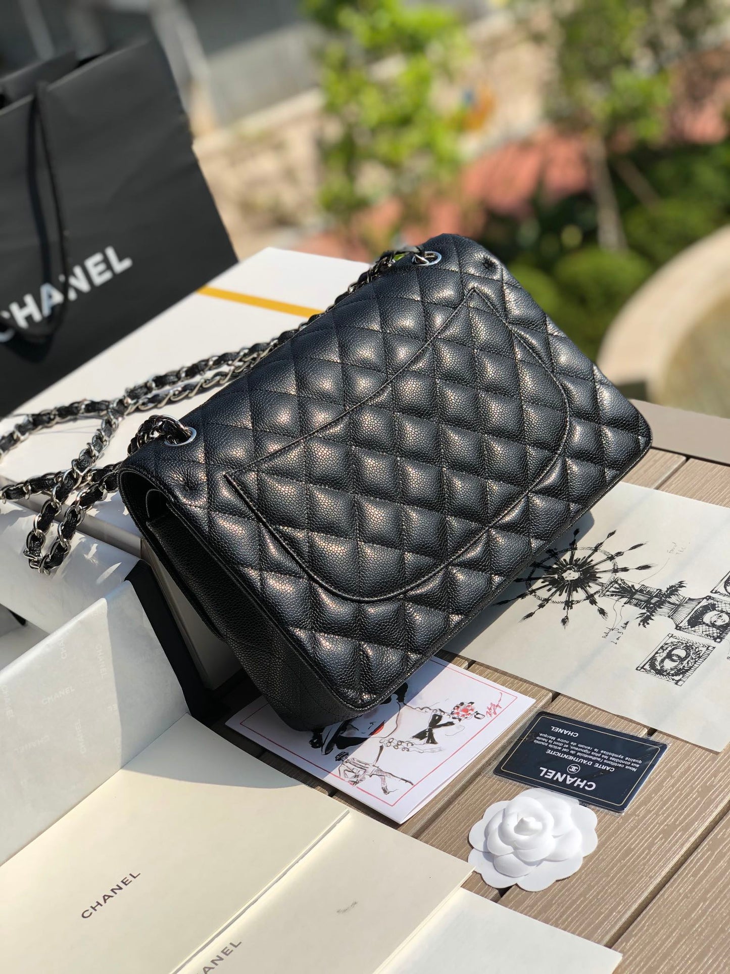 3.55 Large Caviar Leather Classic Double Flap Bag - Silver hardware