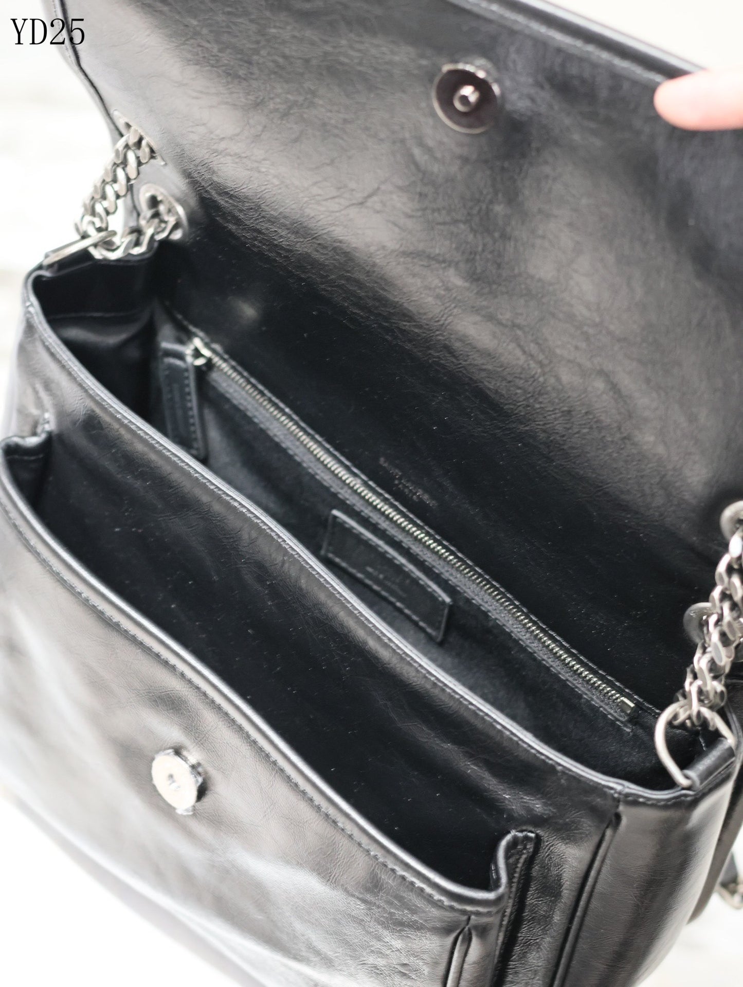 Niki Shoulder Bag - Black Crinkle Leather with Gunmetal Chain