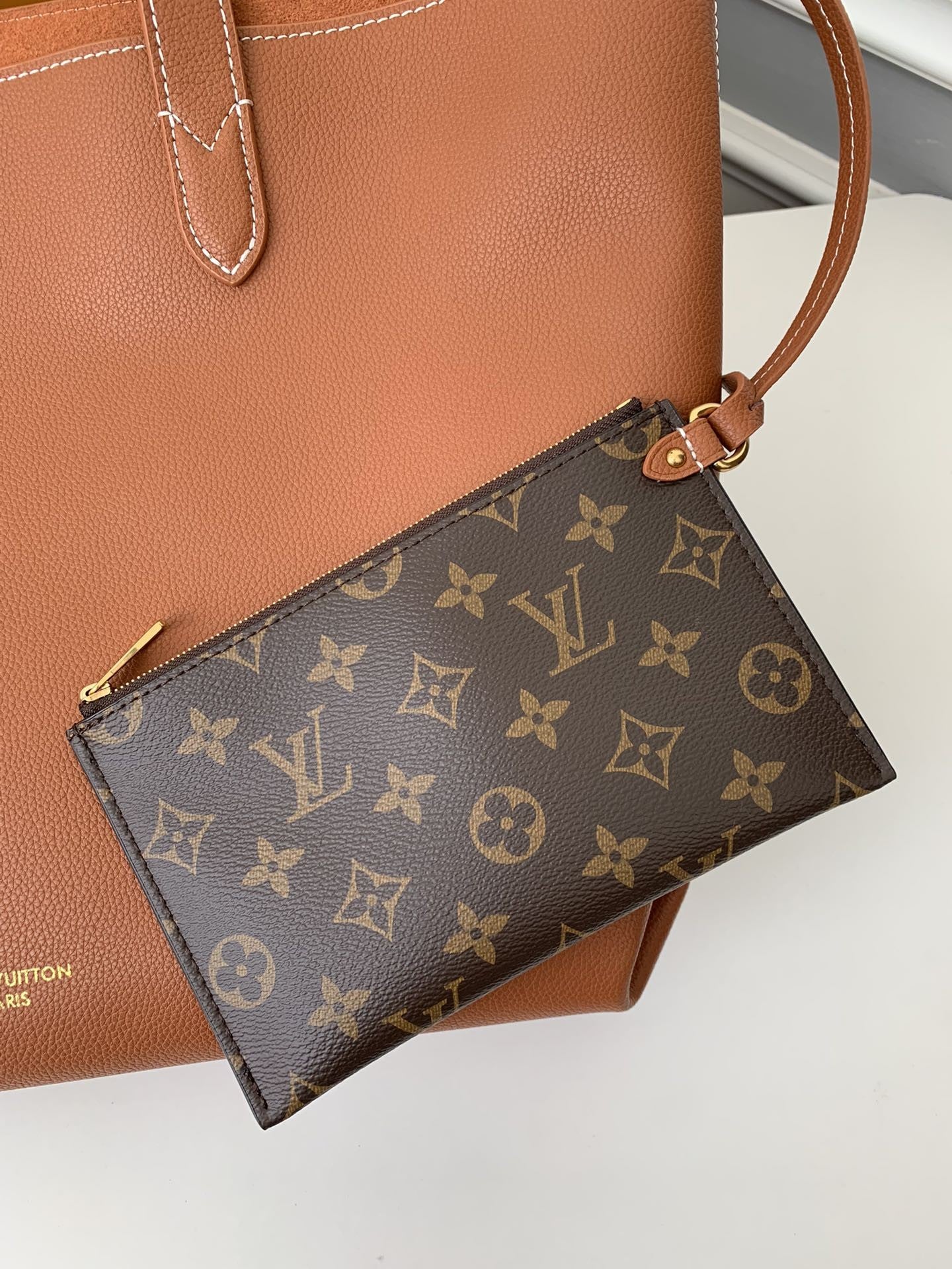 Calfskin Leather Tote Bag with Monogram Pouch