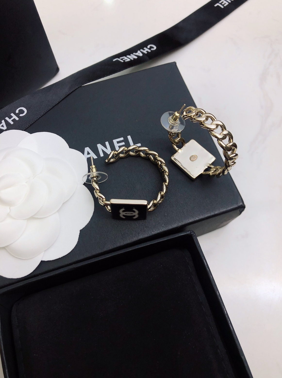 Black Enamel Logo Chain Hoop Earrings