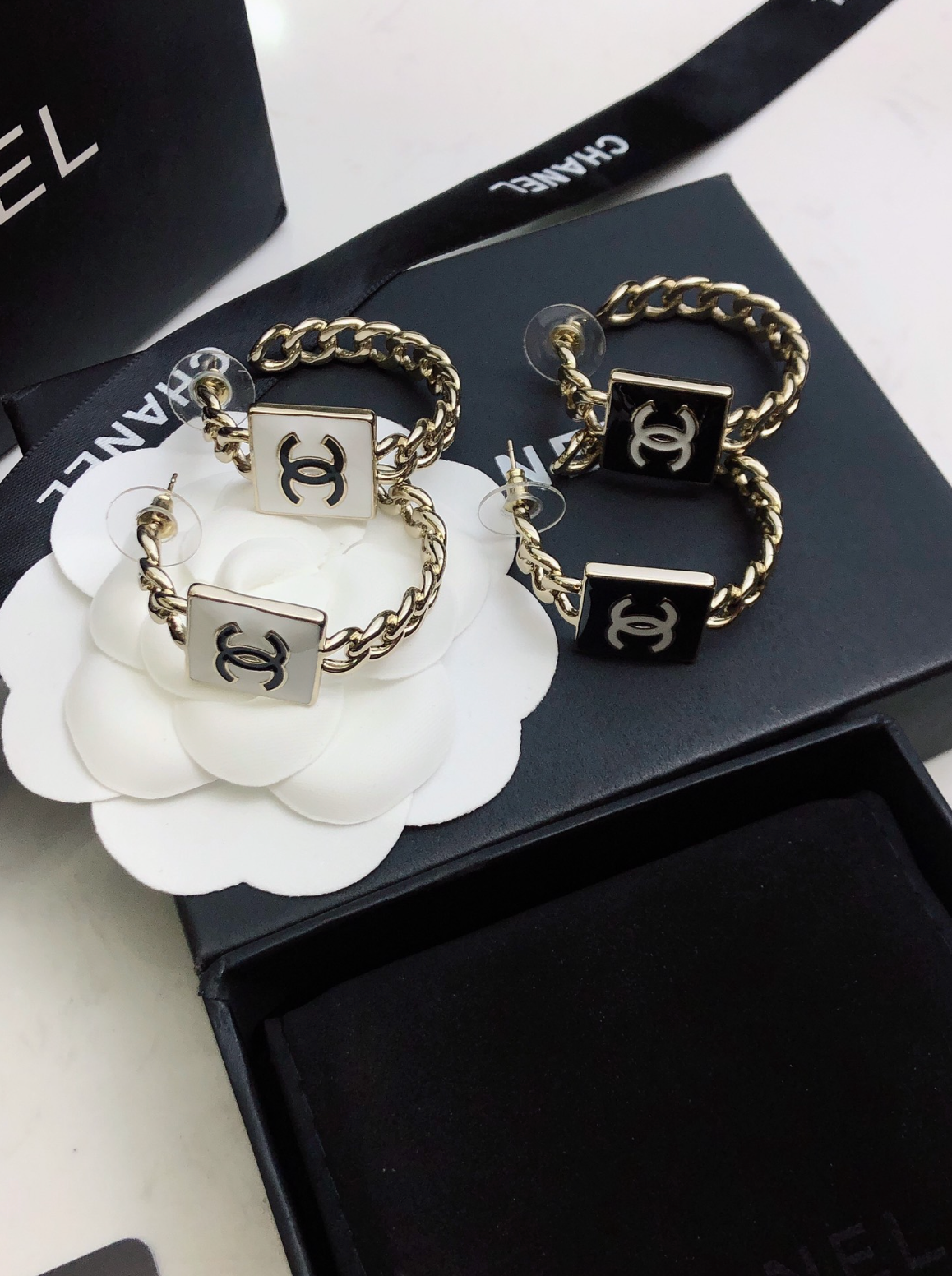 Black Enamel Logo Chain Hoop Earrings