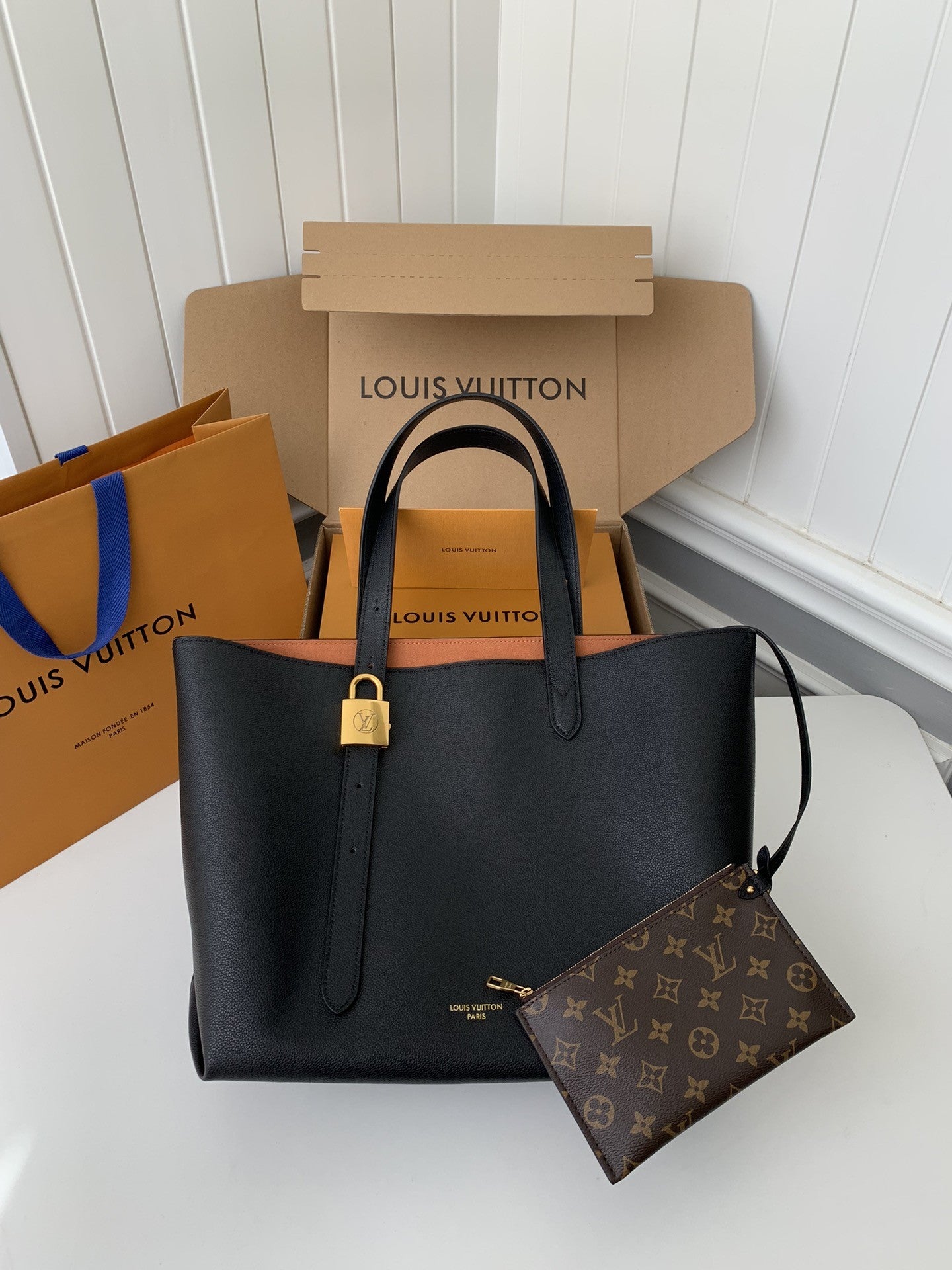 Calfskin Leather Tote Bag with Monogram Pouch