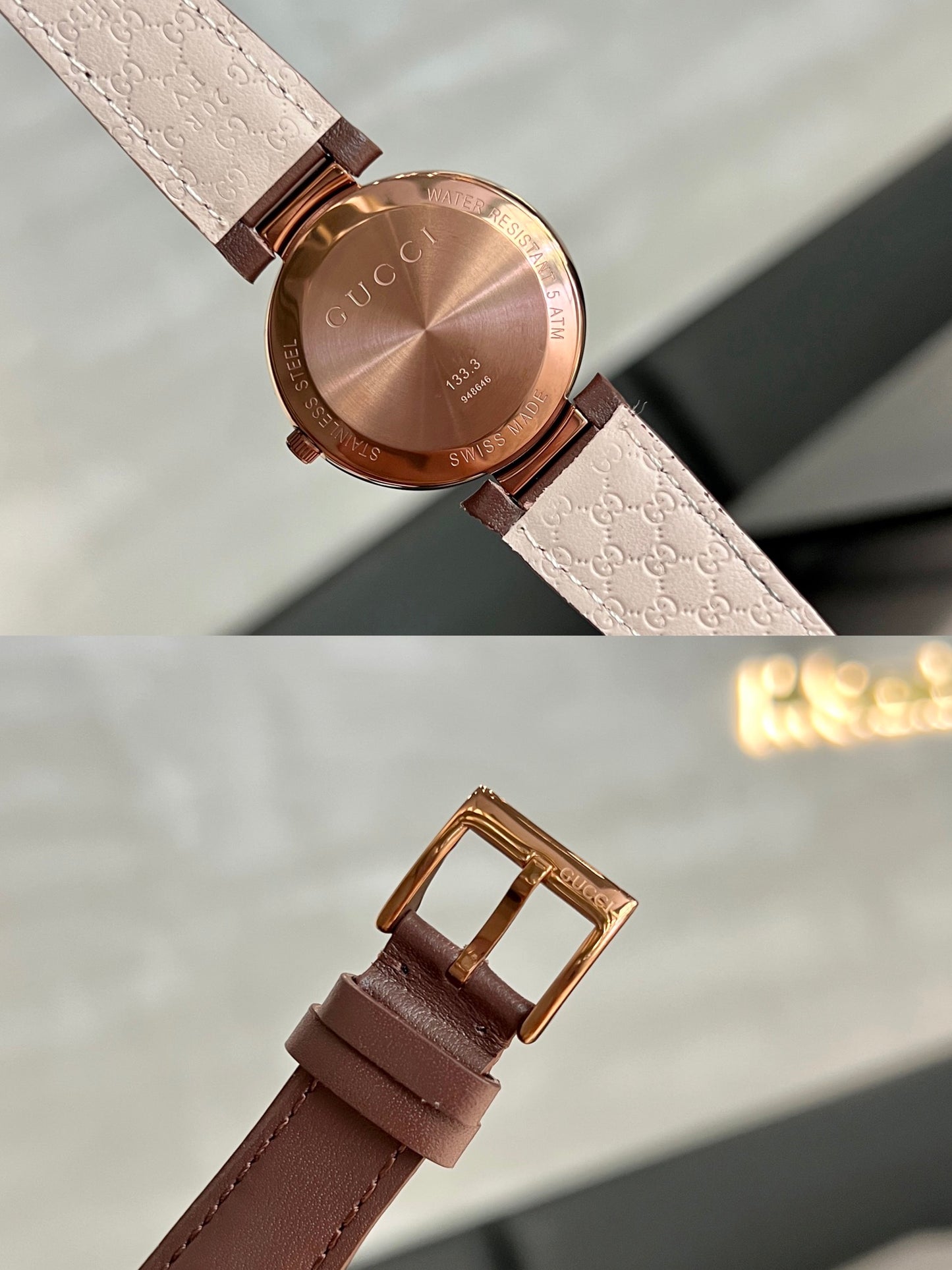 G Cut-Out Logo Rose Gold Women's 37 mm Watch – Brown Leather Strap