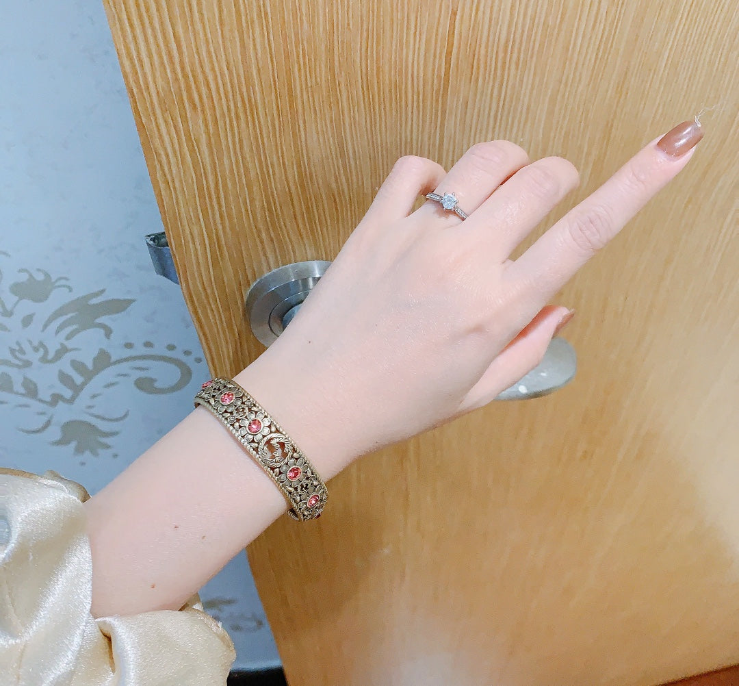 Antique Floral Cuff Bracelet with Pink Gemstone Detailing
