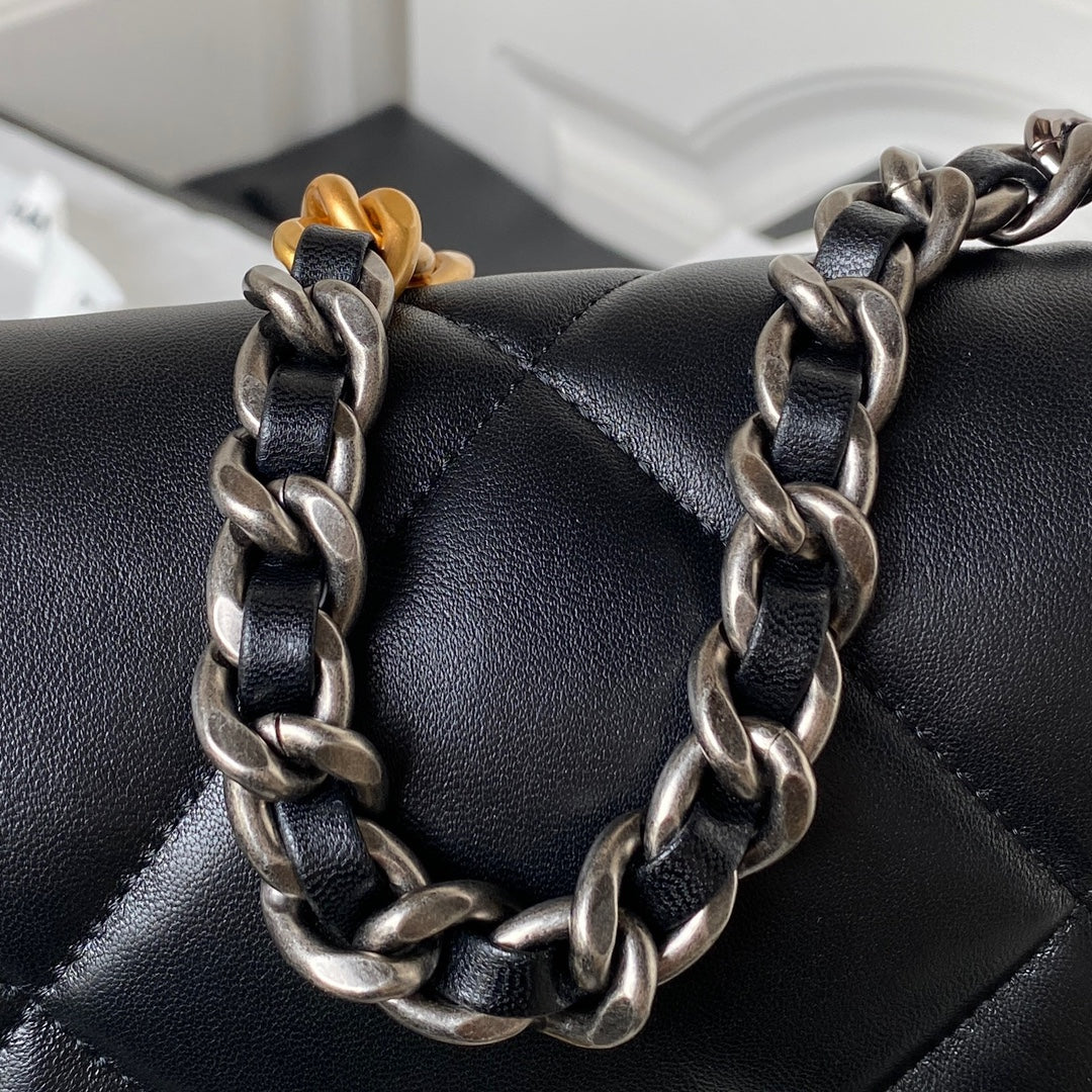 Black Quilted Half-Moon Bag with Mixed Metal Chain