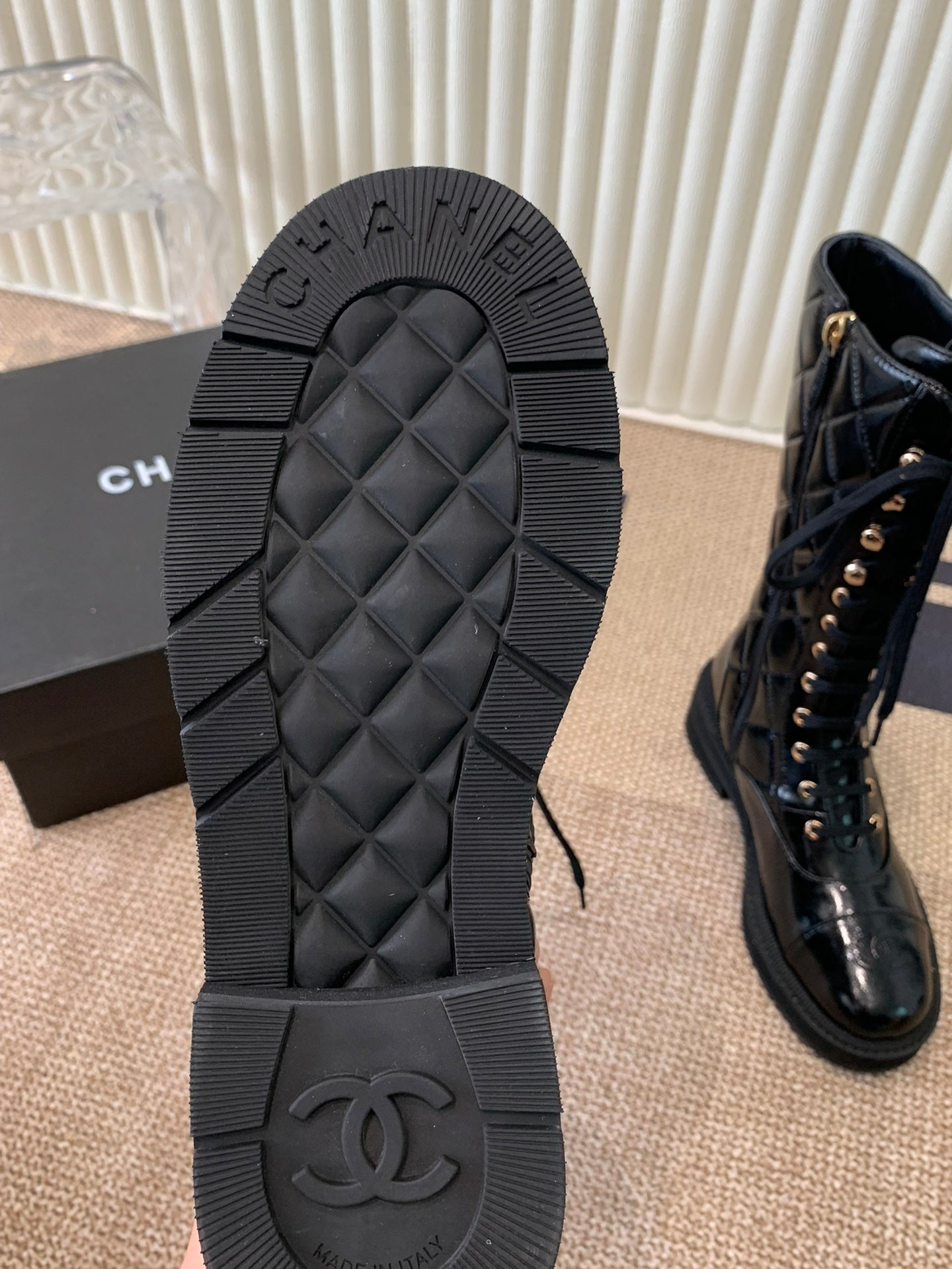 Quilted Patent Leather Lace-Up Boots