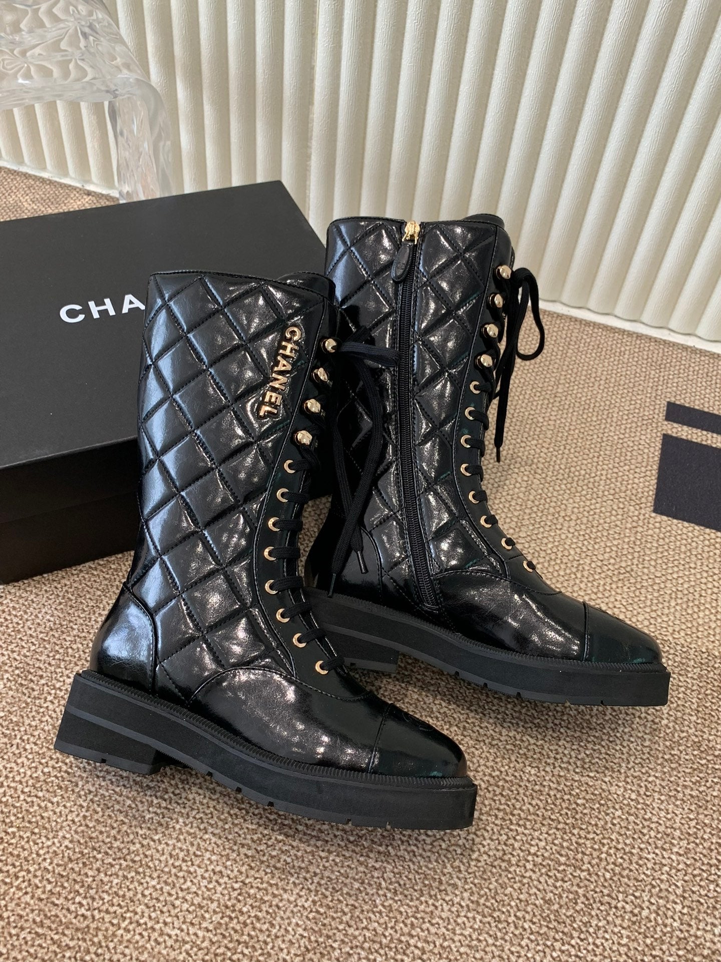 Quilted Patent Leather Lace-Up Boots