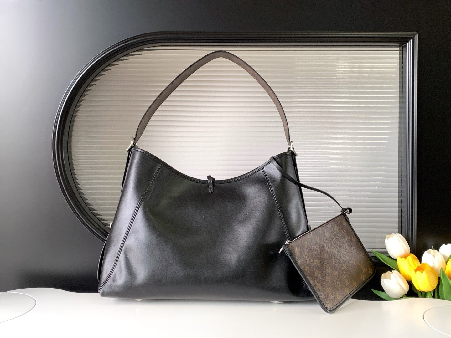 CarryAll Dark Shoulder Bag β Black Lambskin Leather & Monogram Pouch