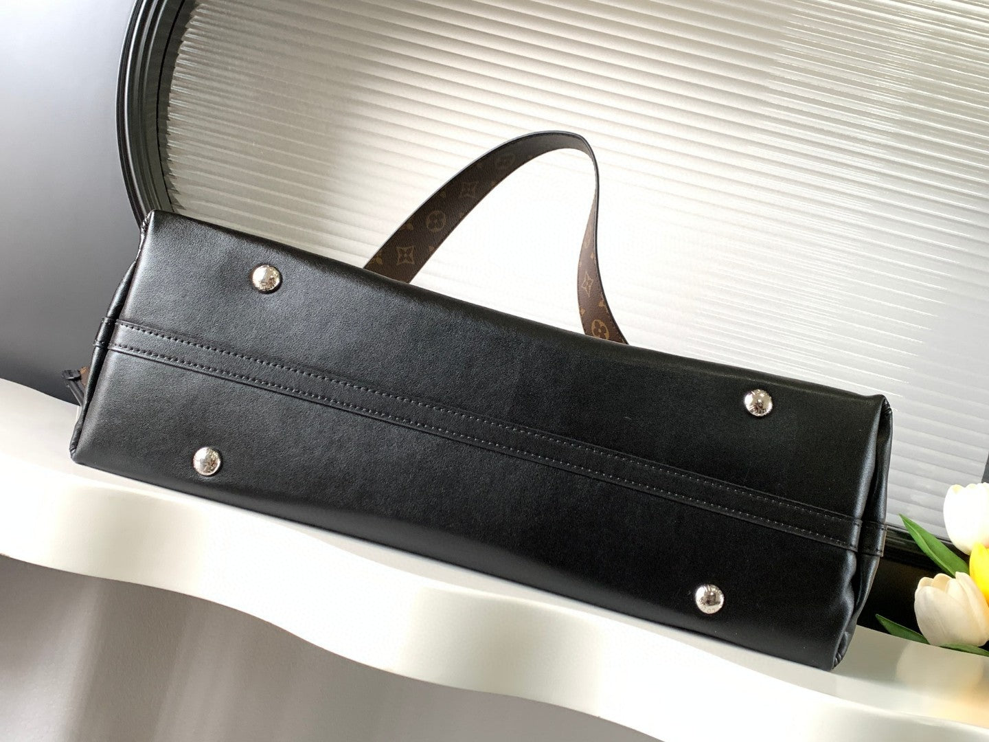 CarryAll Dark Shoulder Bag β Black Lambskin Leather & Monogram Pouch