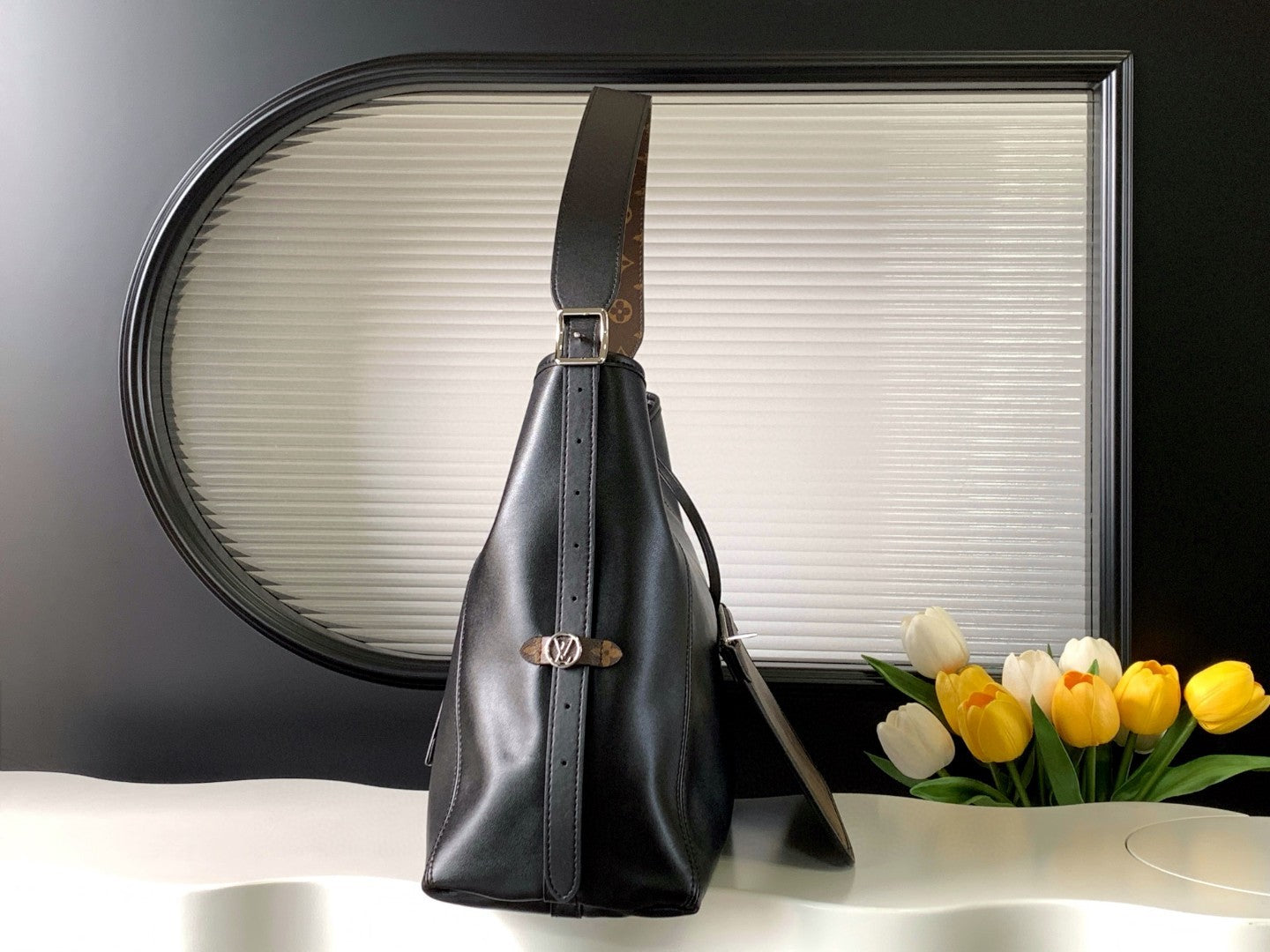 CarryAll Dark Shoulder Bag β Black Lambskin Leather & Monogram Pouch