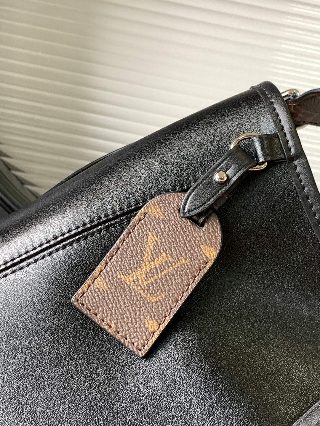 CarryAll Dark Shoulder Bag β Black Lambskin Leather & Monogram Pouch