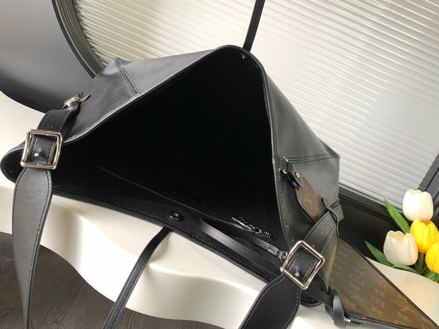 CarryAll Dark Shoulder Bag β Black Lambskin Leather & Monogram Pouch
