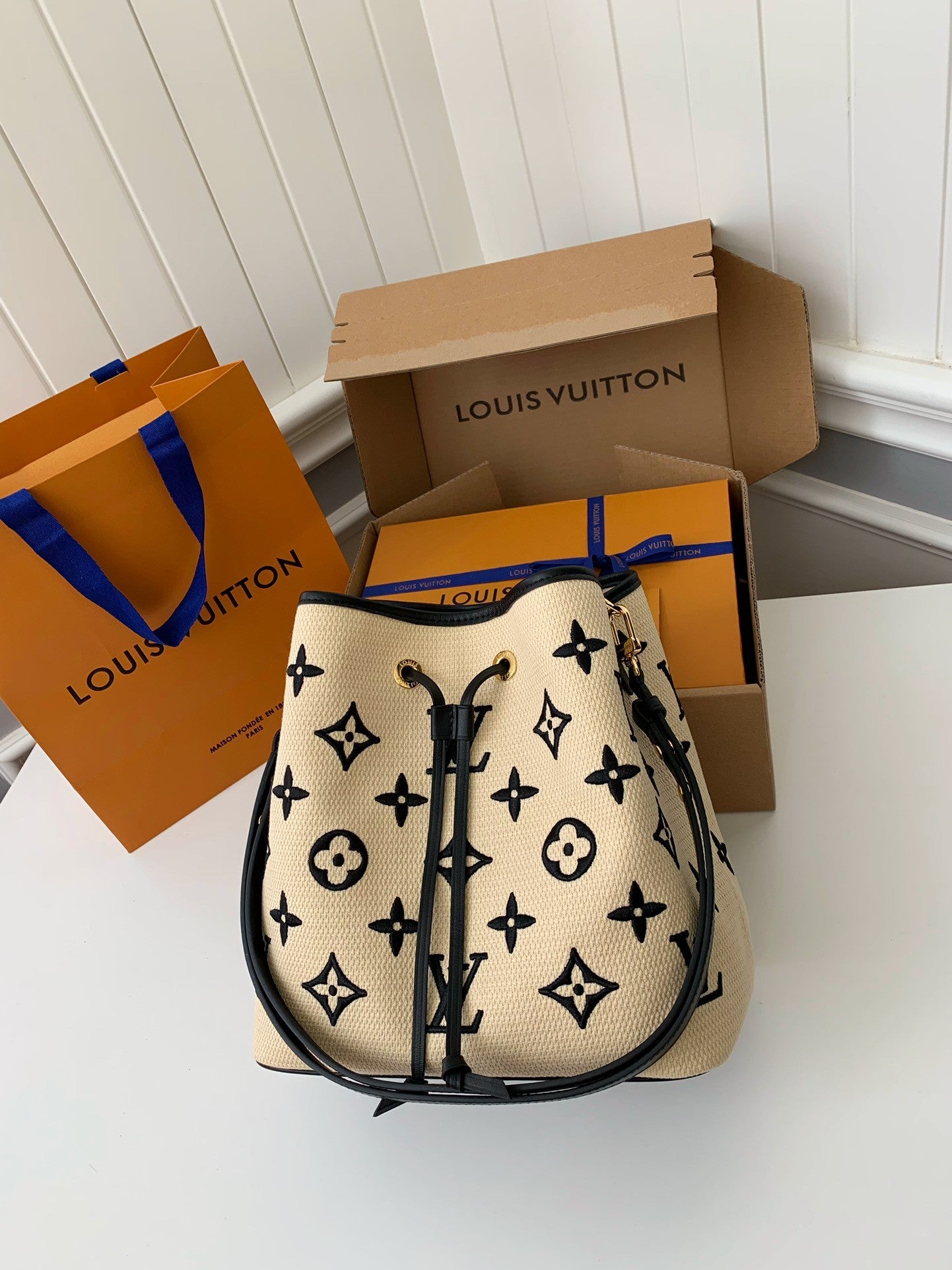 Monogram Embroidery Cotton Bucket Bag