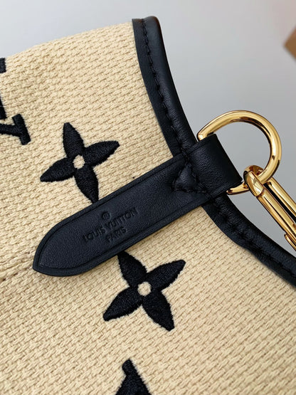 Monogram Embroidery Cotton Bucket Bag