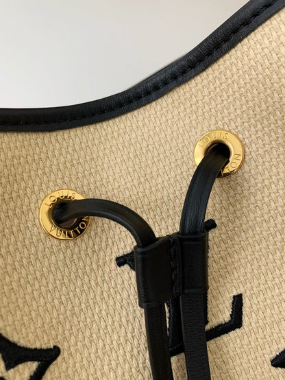 Monogram Embroidery Cotton Bucket Bag