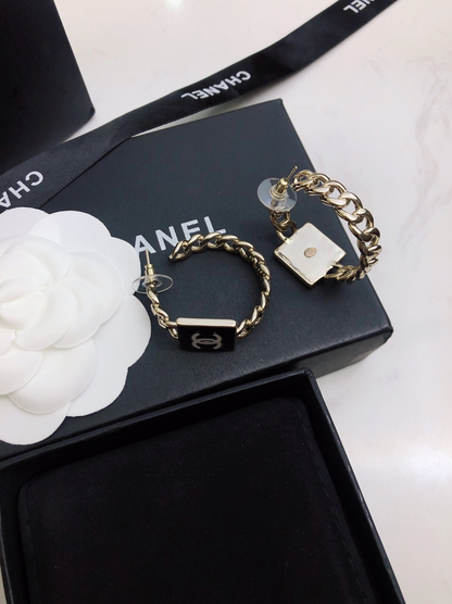 Black Enamel Logo Chain Hoop Earrings
