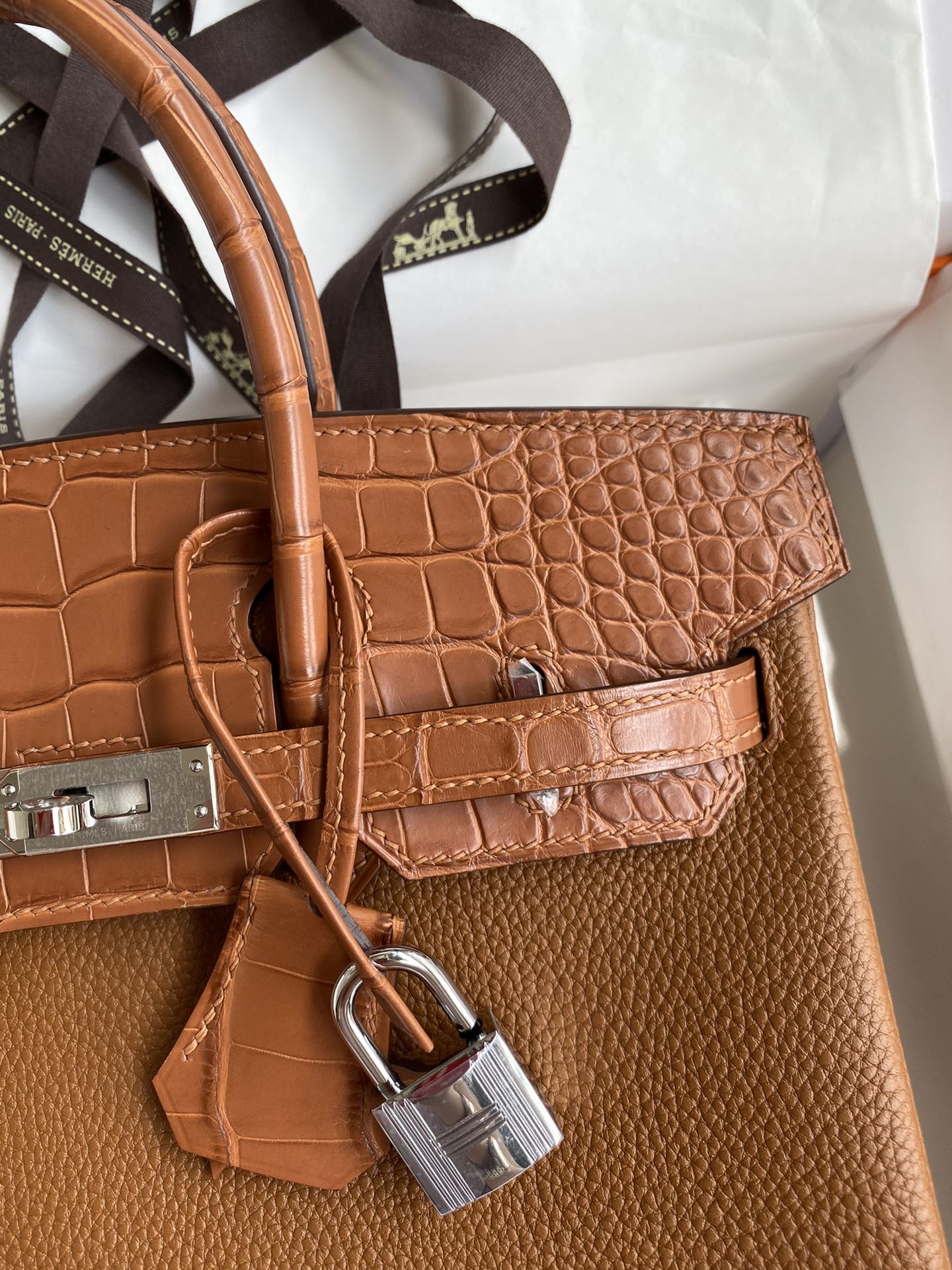 Birkin 25 Togo Leather & Crocodile Leather Bag