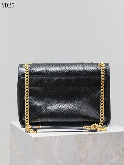 Niki Black Python-Textured Leather Shoulder Bag - 28 cm