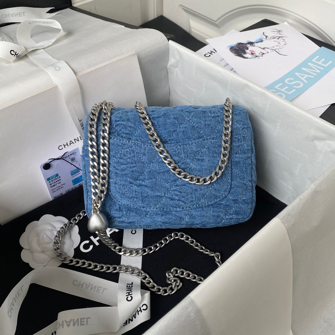 Mini Flap Bag in Quilted Denim with Silver-Tone Chain