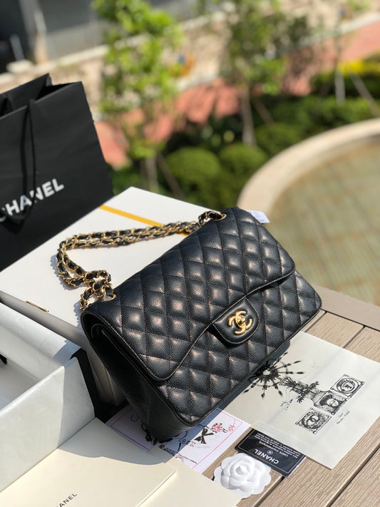 3.55 Large Caviar Leather Classic Double Flap Bag - Gold hardware