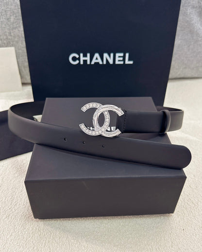 Twisted CC Crystal Buckle Black Leather Belt