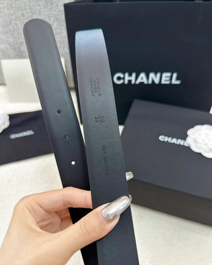 Twisted CC Crystal Buckle Black Leather Belt