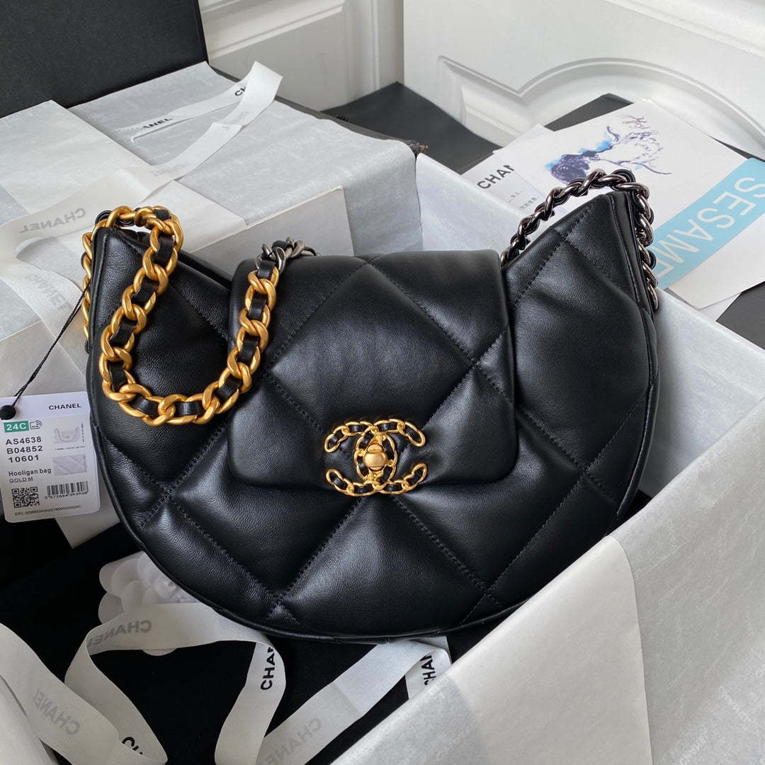 Black Quilted Half-Moon Bag with Mixed Metal Chain