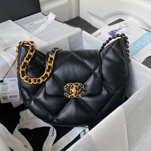 Black Quilted Half-Moon Bag with Mixed Metal Chain