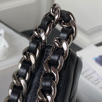 Black Quilted Half-Moon Bag with Mixed Metal Chain