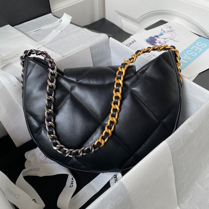 Black Quilted Half-Moon Bag with Mixed Metal Chain