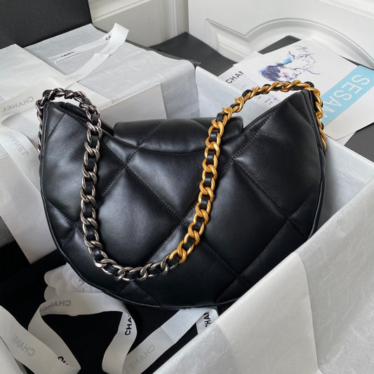 Black Quilted Half-Moon Bag with Mixed Metal Chain