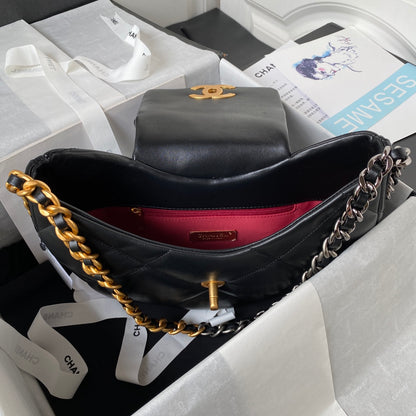 Black Quilted Half-Moon Bag with Mixed Metal Chain