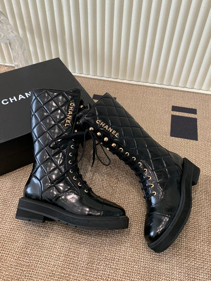 Quilted Patent Leather Lace-Up Boots