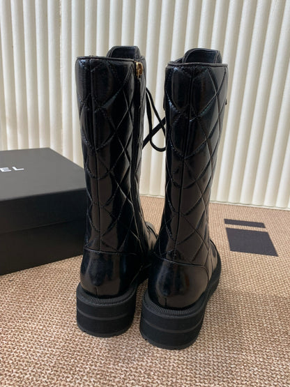 Quilted Patent Leather Lace-Up Boots