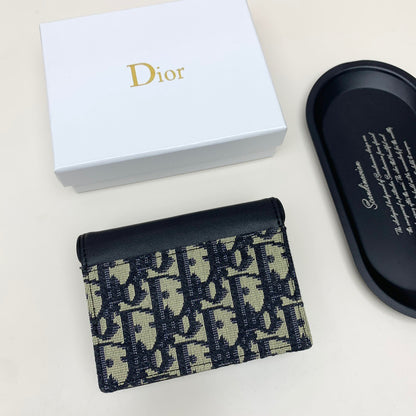 Oblique Card Holder Wallet with Black Leather Flap & Gold “D” Charm