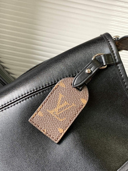 CarryAll Dark Shoulder Bag – Black Lambskin Leather & Monogram Pouch