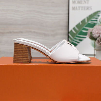 Leather High-Heeled Slippers