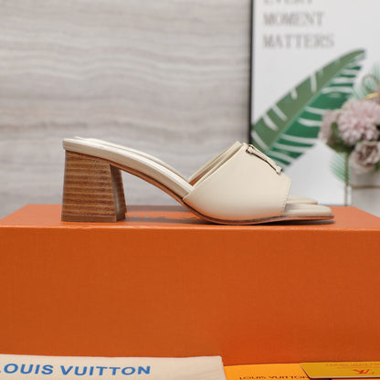 Leather High-Heeled Slippers